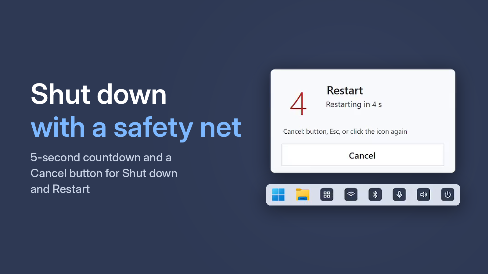 5-second countdown with Cancel before shutdown