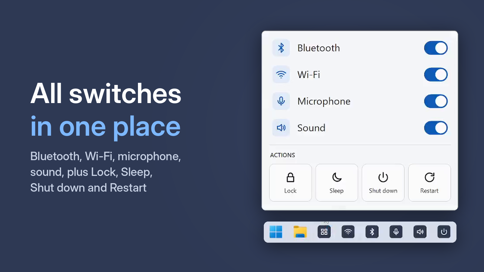One Click Switcher Status window showing Wi-Fi, Bluetooth, microphone and sound with switches